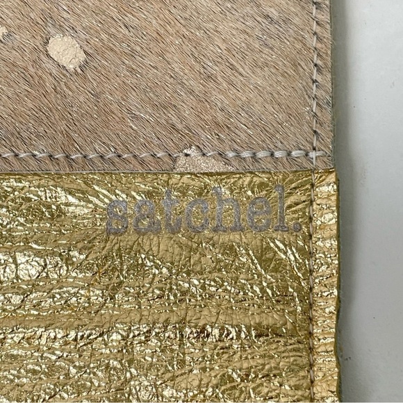 Genuine Fur-On Cowhide Metallic Gold Splatter Paint Handmade Artisan Clutch Boho - Picture 9 of 17